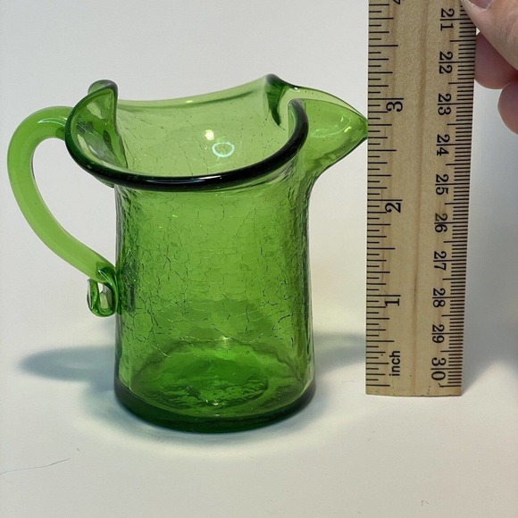 Vintage Glass Hand Blown Olive Green Crackle Small Glass Creamer Pitcher - Picture 8 of 8